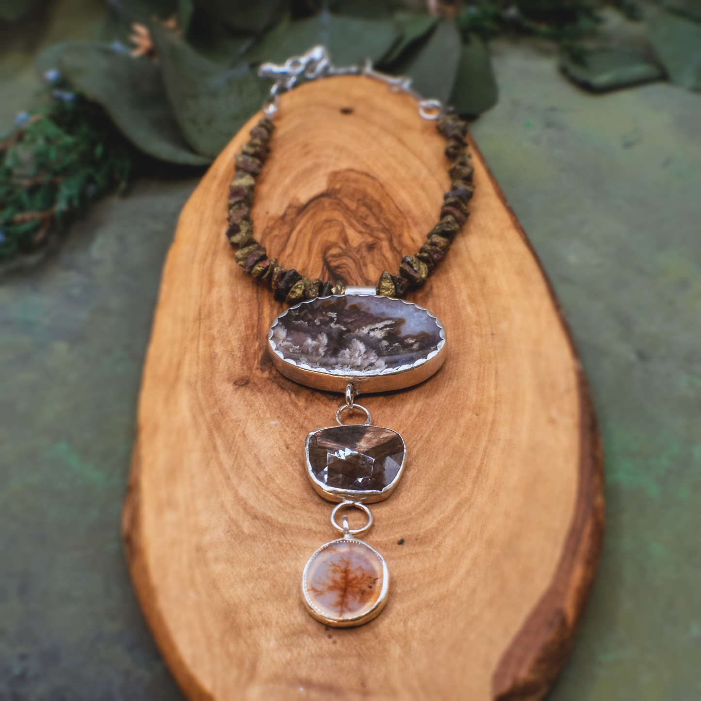 Rising Roots Necklace II - Dendritic Agate & Bronze Sapphire Sterling Silver Necklace