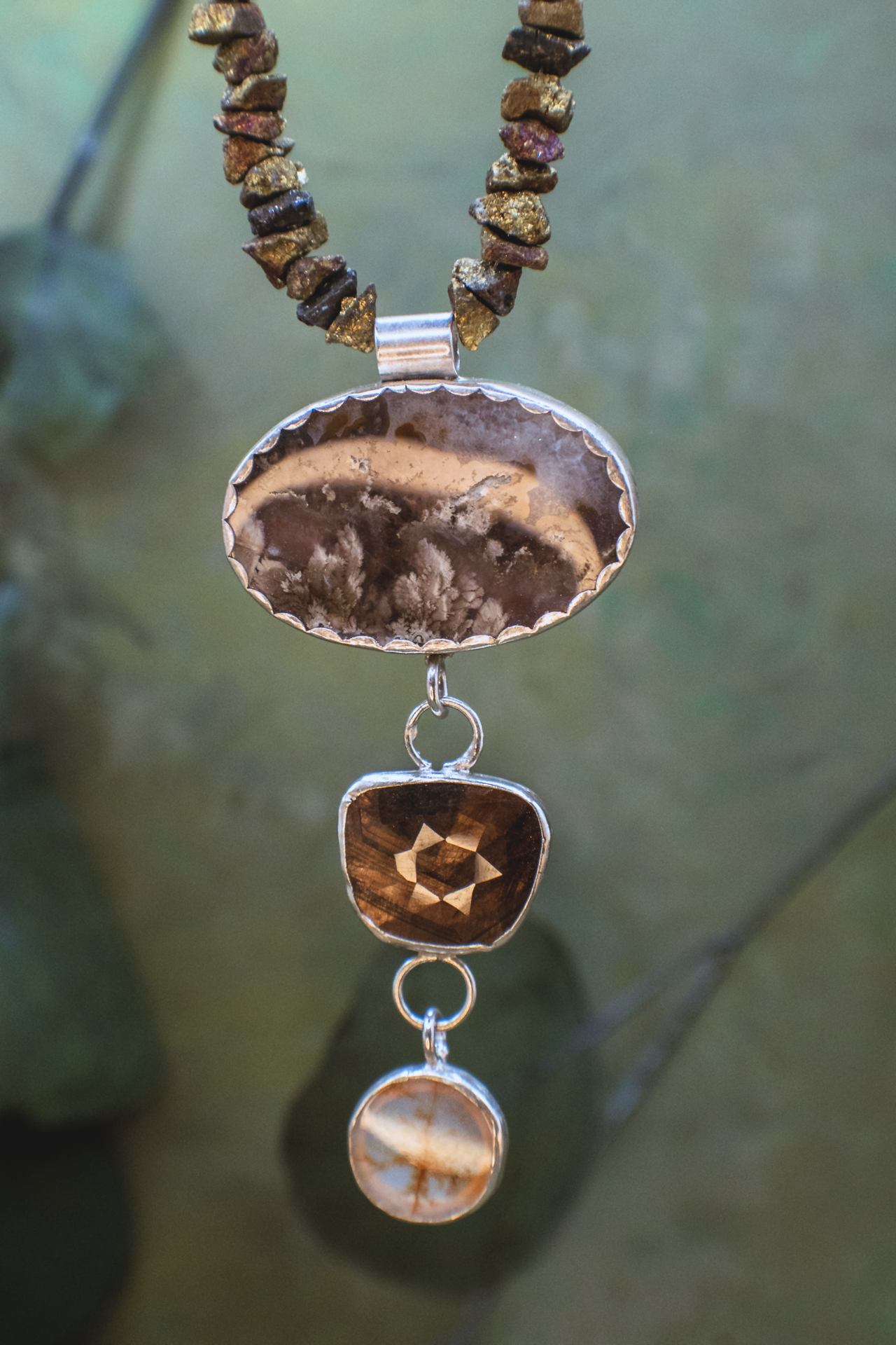 Rising Roots Necklace II - Dendritic Agate & Bronze Sapphire Sterling Silver Necklace