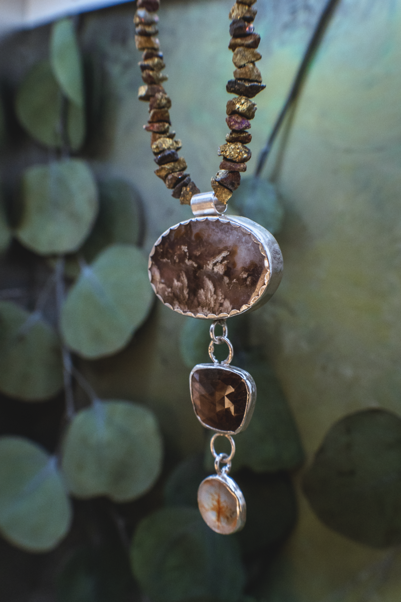 Rising Roots Necklace II - Dendritic Agate & Bronze Sapphire Sterling Silver Necklace