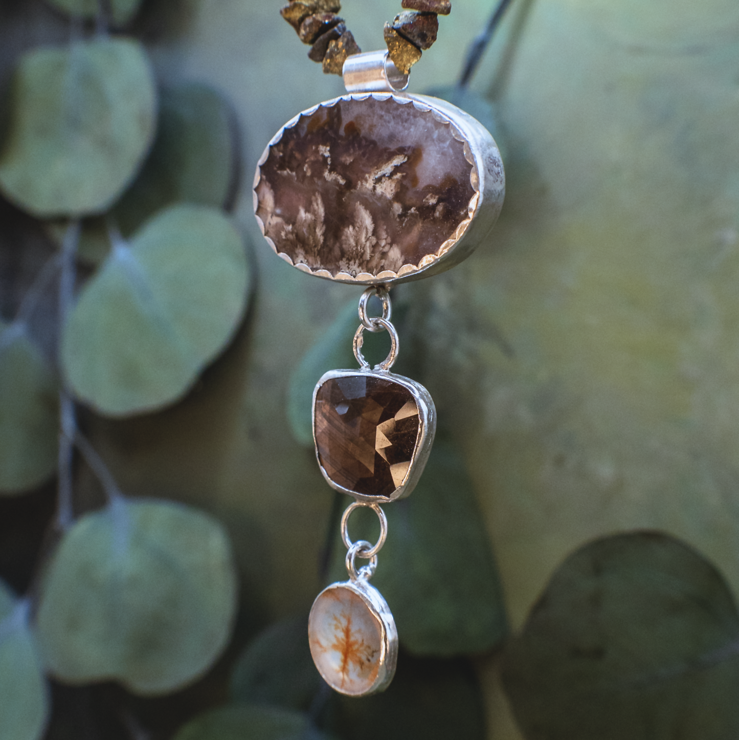 Rising Roots Necklace II - Dendritic Agate & Bronze Sapphire Sterling Silver Necklace