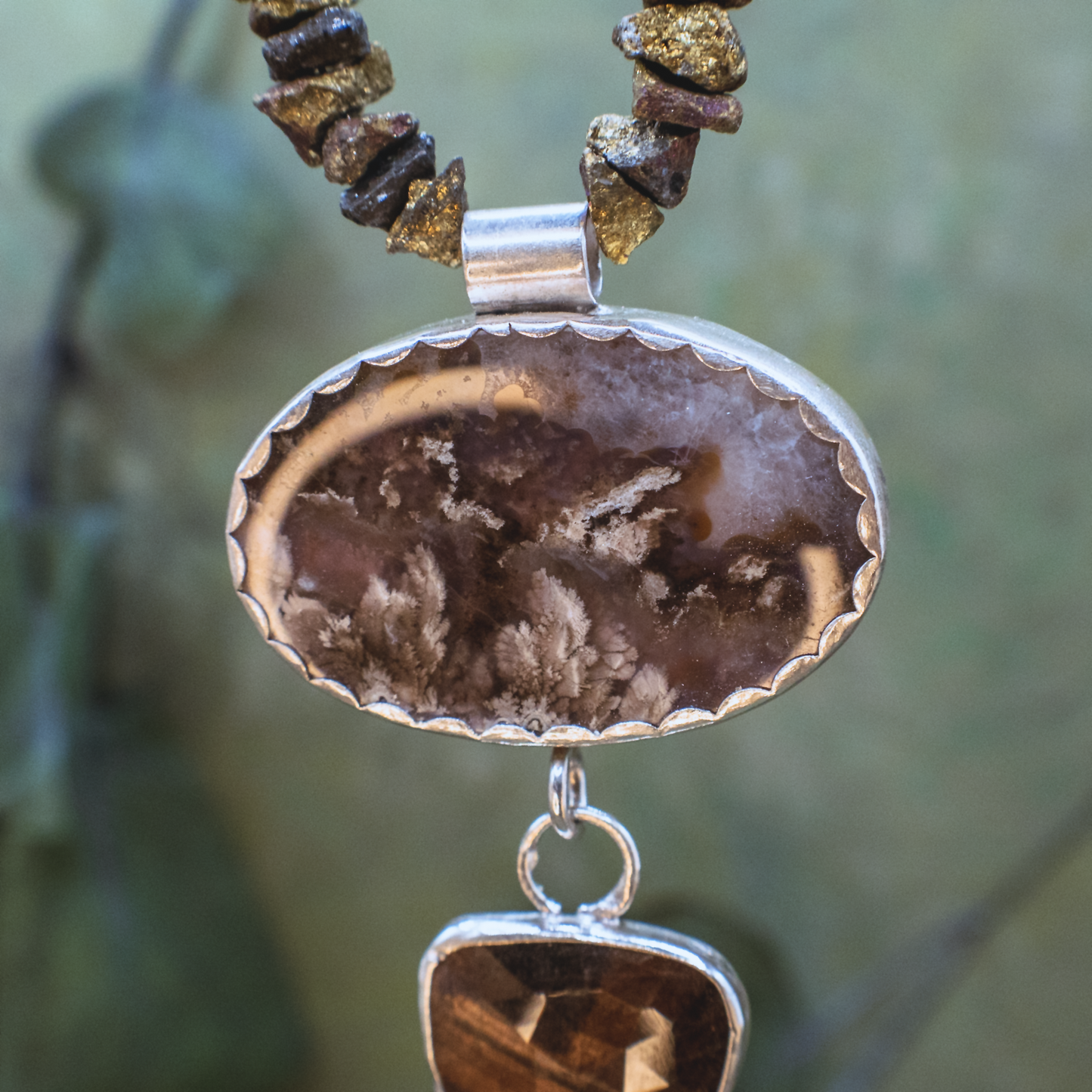 Rising Roots Necklace II - Dendritic Agate & Bronze Sapphire Sterling Silver Necklace