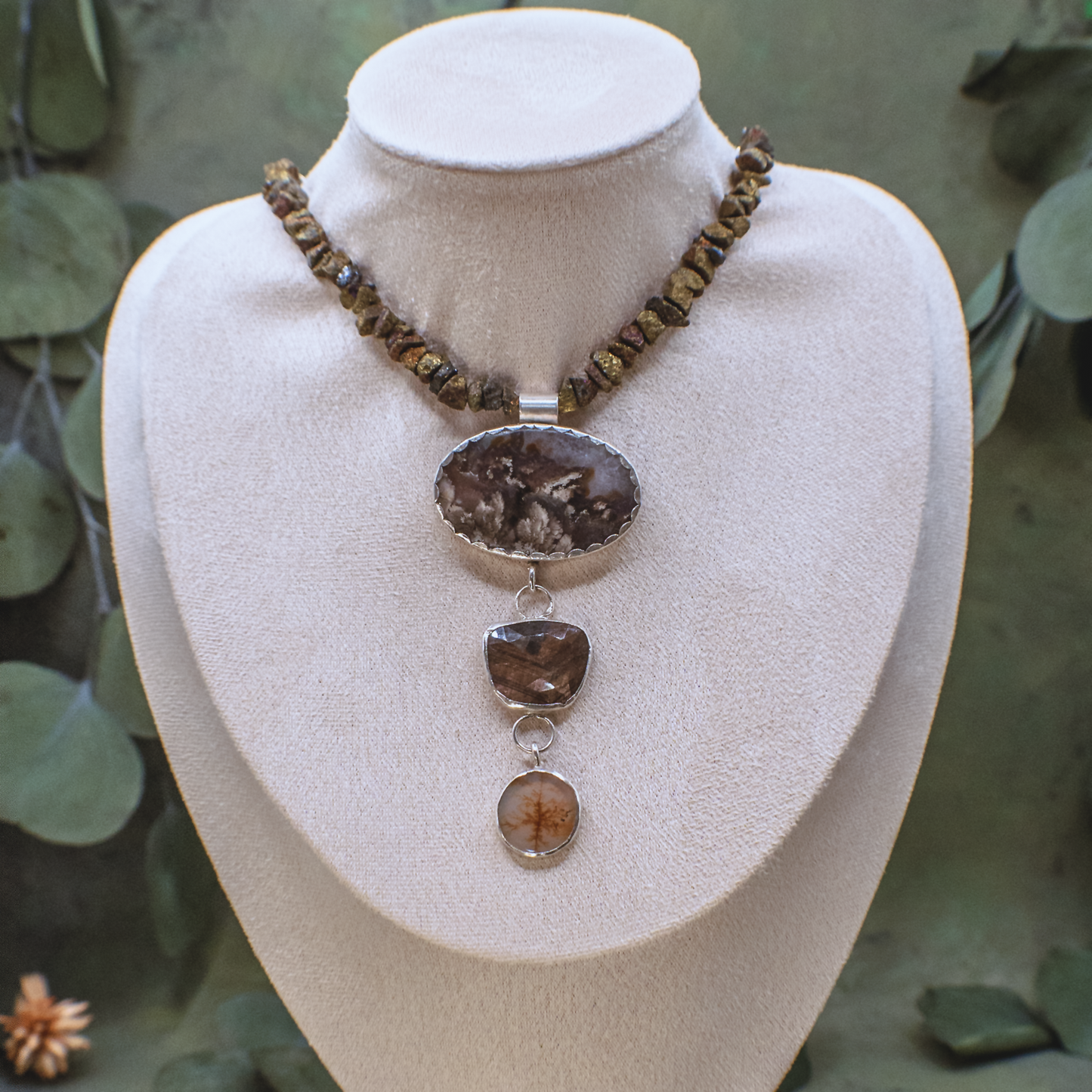 Rising Roots Necklace II - Dendritic Agate & Bronze Sapphire Sterling Silver Necklace