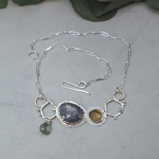 Apiary Necklace II - Sterling Silver Sapphire and Tourmaline Necklace