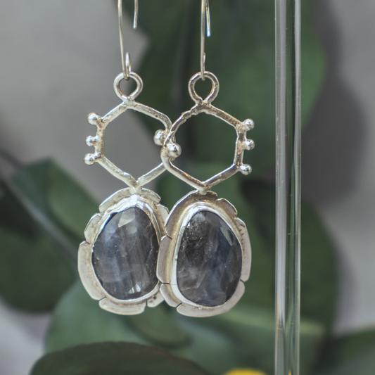 Apiary Earrings I - Sterling Silver and Metallic Sheen Sapphire Earrings