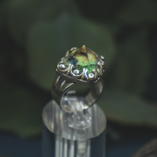 Crystal Pryamid Ring I - Sterling Opal and Quartz Pyramid Ring