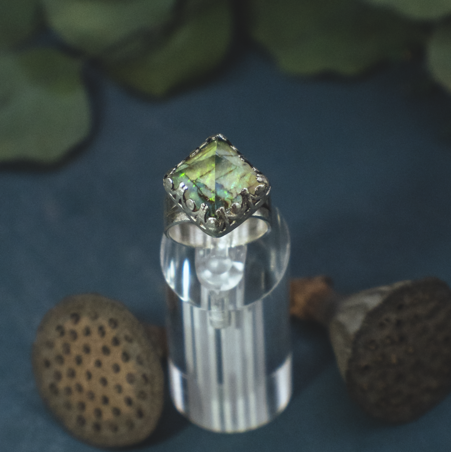 Crystal Pryamid Ring II - Sterling Opal and Quartz Pyramid Ring