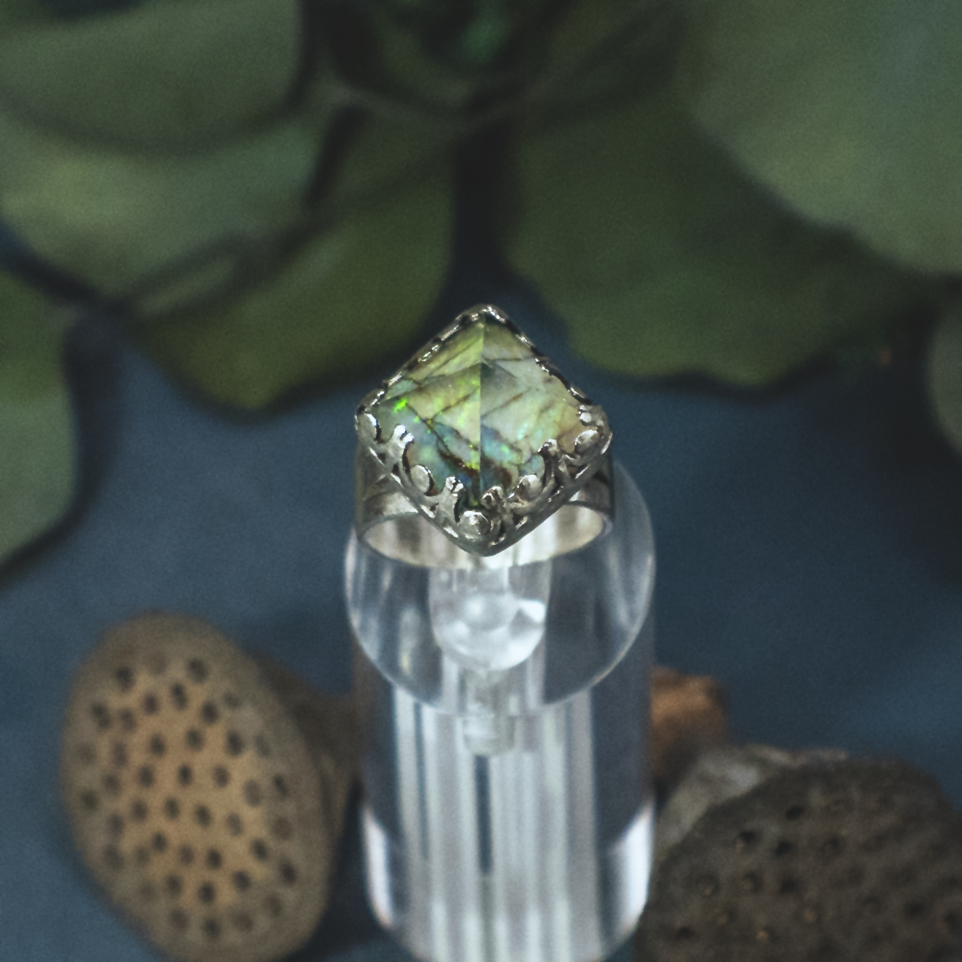 Crystal Pryamid Ring II - Sterling Opal and Quartz Pyramid Ring