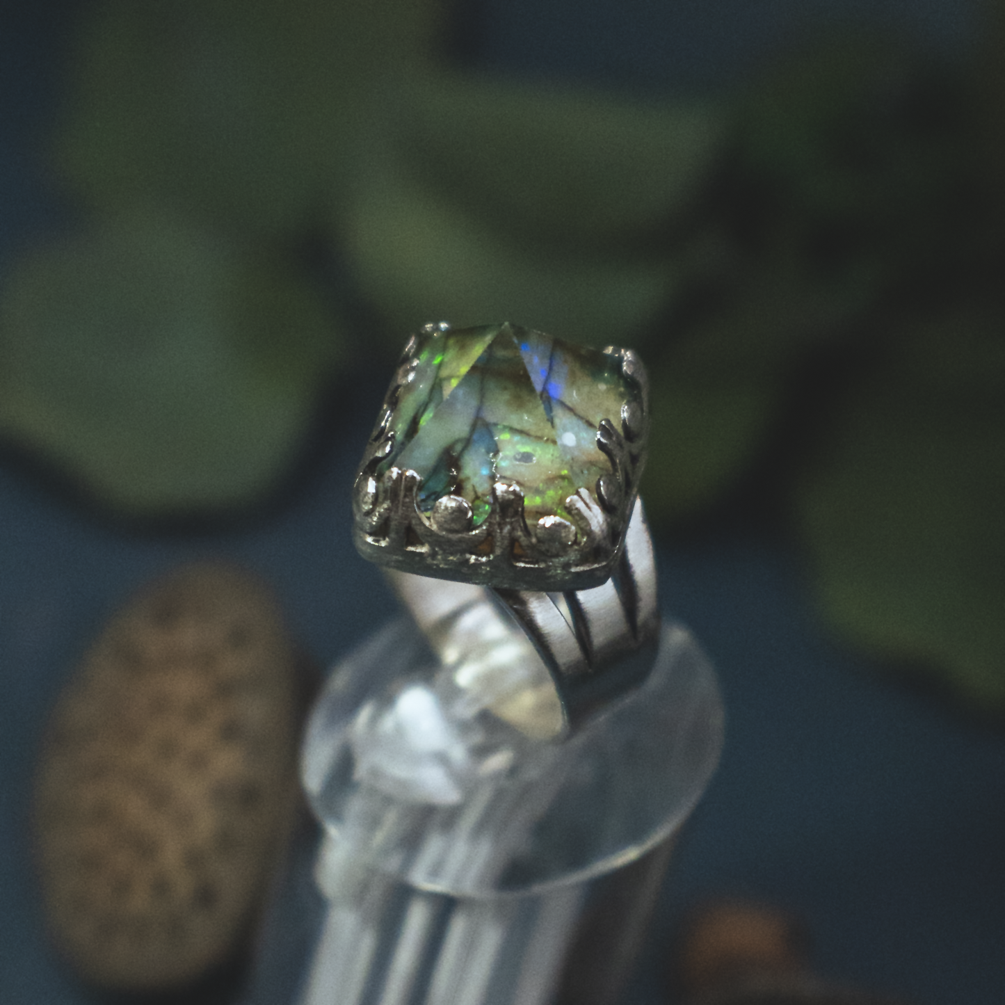 Crystal Pryamid Ring II - Sterling Opal and Quartz Pyramid Ring