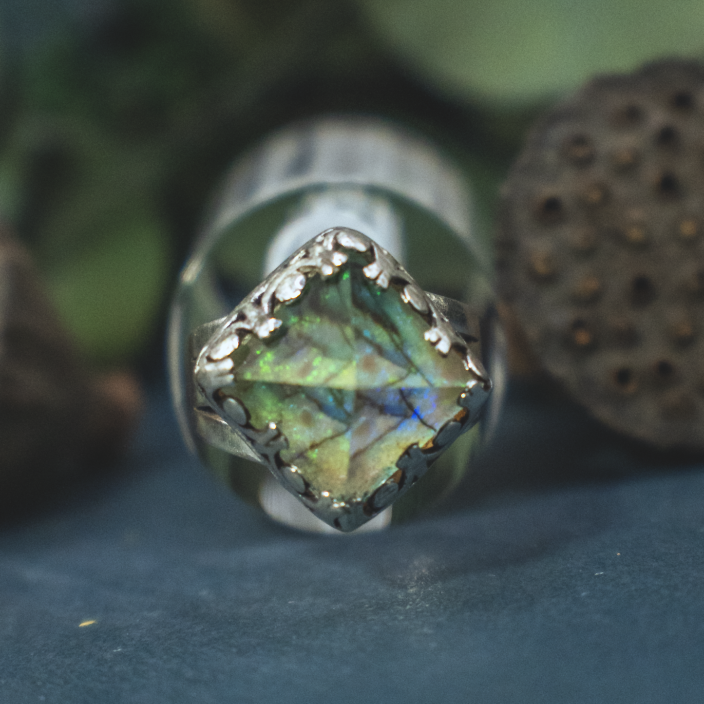 Crystal Pryamid Ring II - Sterling Opal and Quartz Pyramid Ring