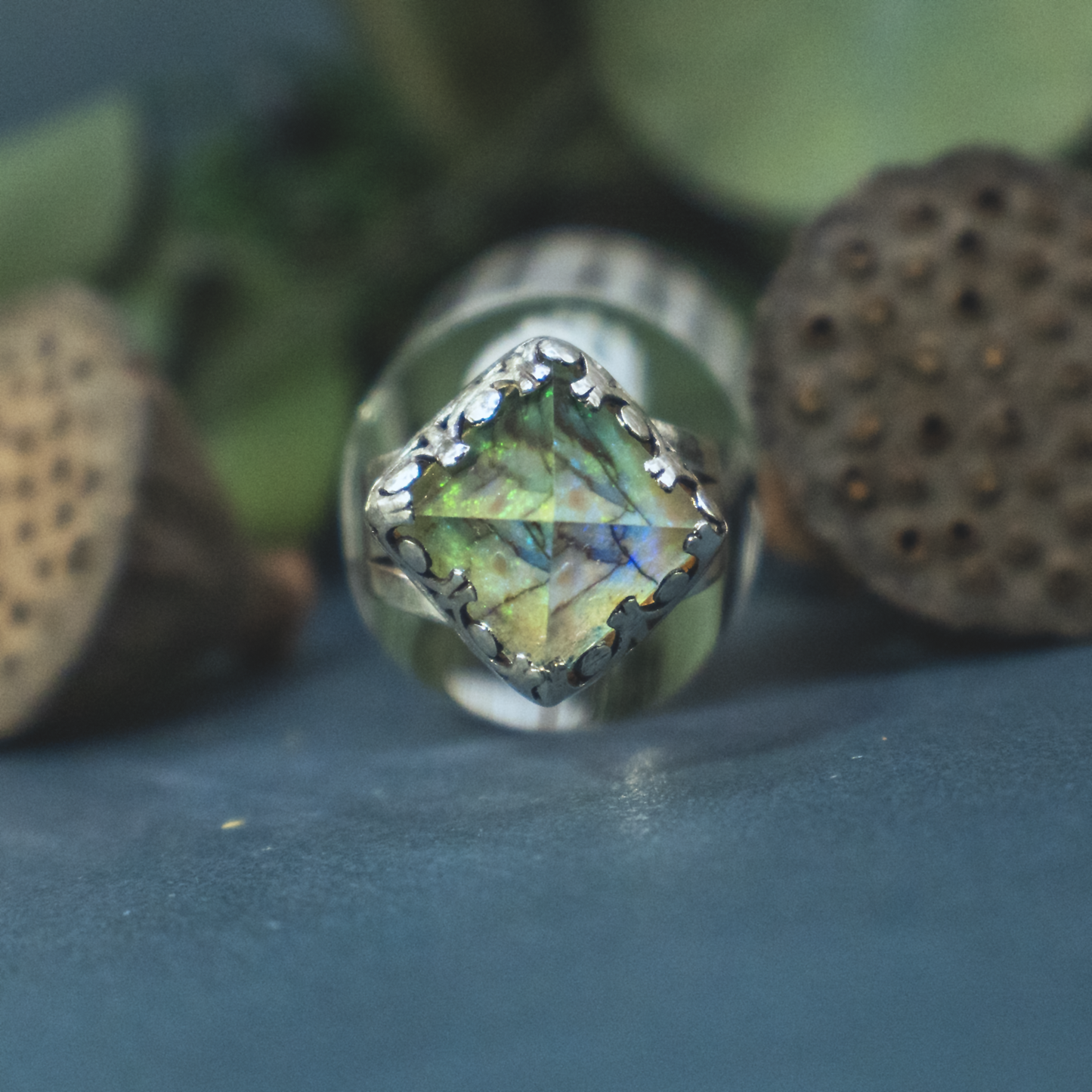 Crystal Pryamid Ring II - Sterling Opal and Quartz Pyramid Ring