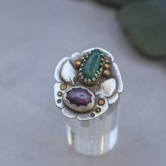 Fire and Earth Ring - Sterling Silver Turquoise and Australian Opal with 24K Brushed Gold