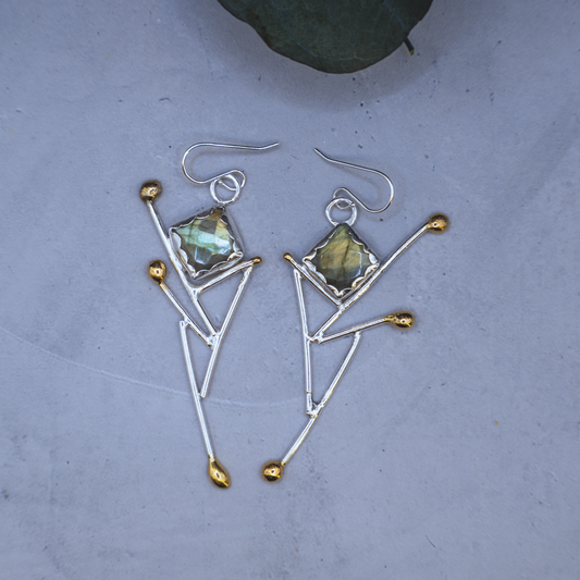 Aurora Earrings - Sterling silver and Labradorite Earrings with 24K Brushed Gold