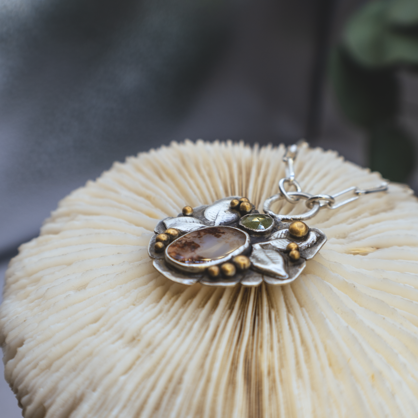 Golden Roots Necklace - Sterling silver Dendritic Agate And Sapphire Necklace with 24K Brushed Gold